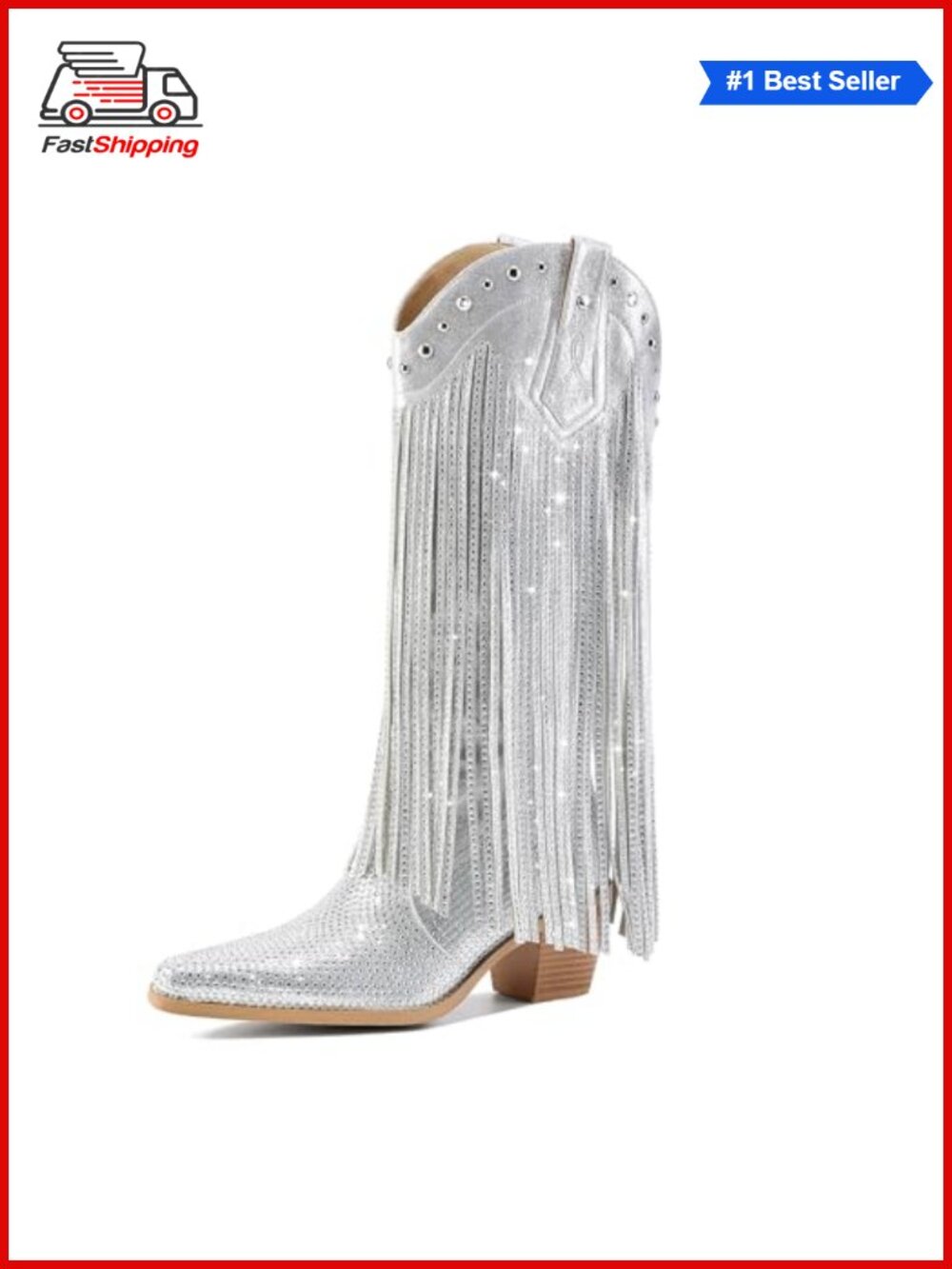 ✨Rhinestone Fringe Cowgirl Boots Pointed Toe Chunky Heel Pull On Mid Calf